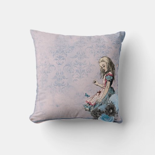 Alice in Wonderland Blue Floral Decoupage Throw Pillow