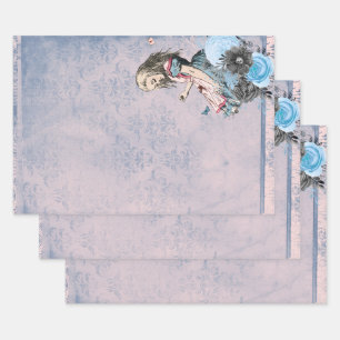 Alice in Wonderland Blue Floral Decoupage Wrapping Paper Sheets