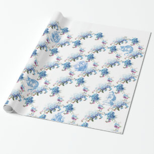Alice in Wonderland Blue Floral Wrapping Paper