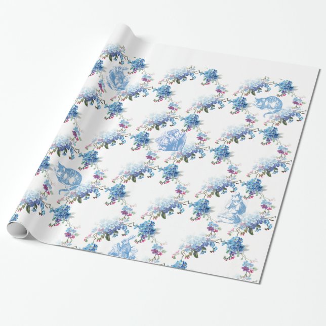 Alice in Wonderland Blue Floral Wrapping Paper (Unrolled)