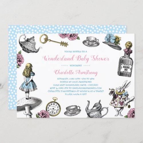 Alice in Wonderland Blue Polka Dot Baby Shower Invitation