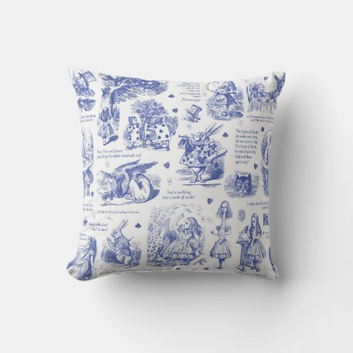 Alice in Wonderland Blue Toile Quotes Throw Pillow