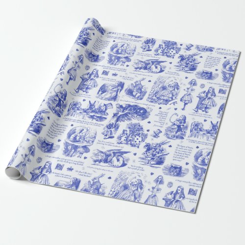 Alice in Wonderland Blue Toile Quotes Wrapping Paper