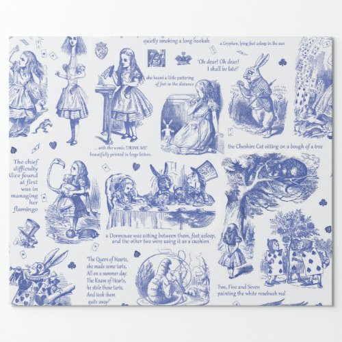 Alice in Wonderland Blue Toile Quotes Wrapping Paper