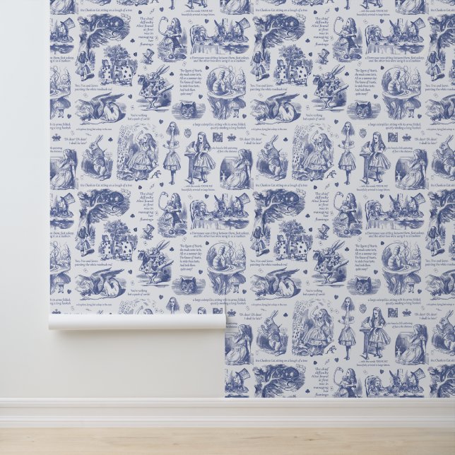 Alice in Wonderland Blue White Toile Nursery Wallpaper (Application)