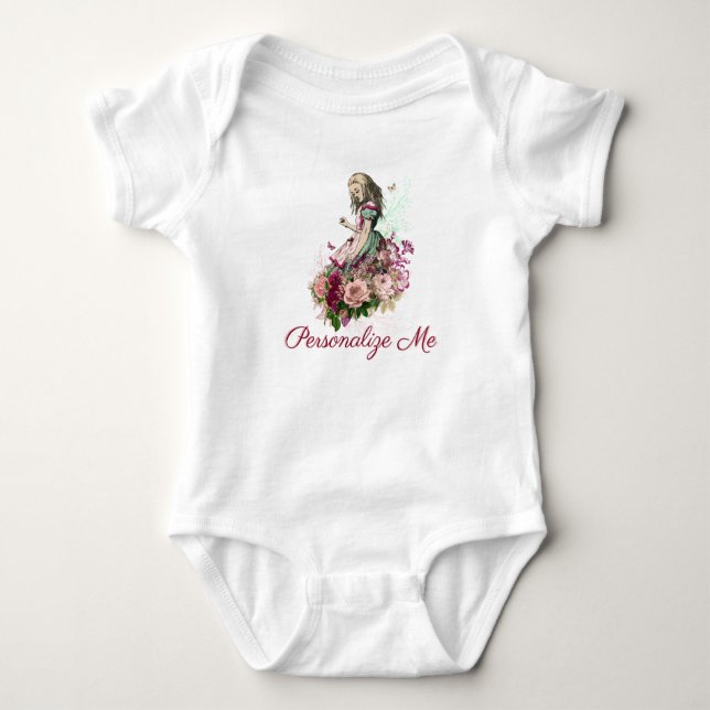 Alice in Wonderland Blush Floral Personalized Baby Bodysuit (Front)