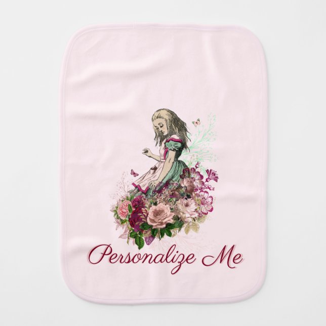 Alice in Wonderland Blush Floral Personalized Baby Burp Cloth (Front)
