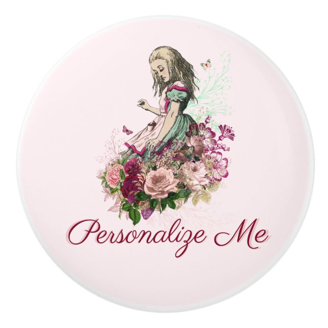 Alice in Wonderland Blush Floral Personalized Ceramic Knob (Front)