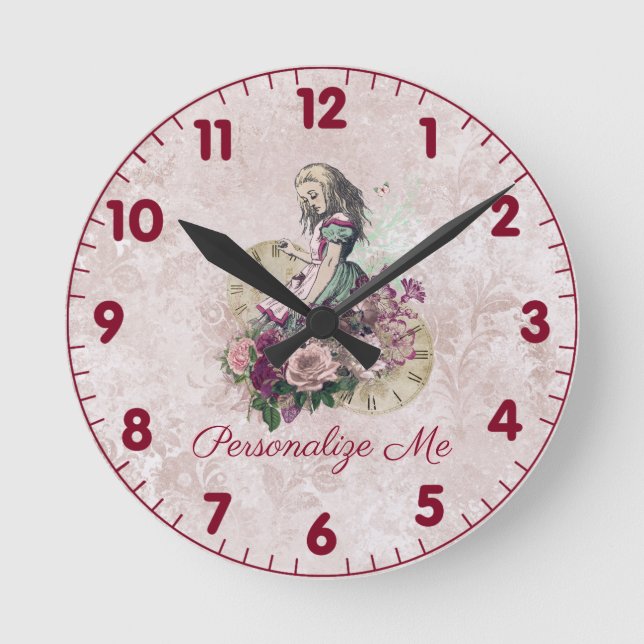 Alice in Wonderland Blush Floral Personalized Round Clock (Front)