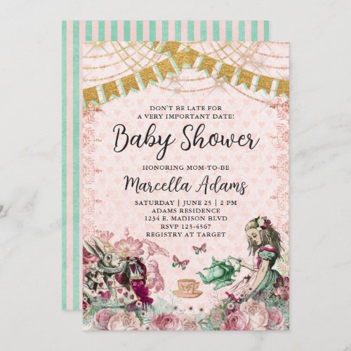 Alice in Wonderland Blush  Mint Baby Shower Invitation