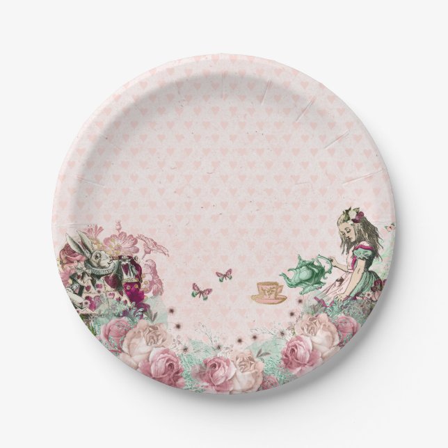 Alice in Wonderland Blush & Mint Tea Party Paper Plates (Front)