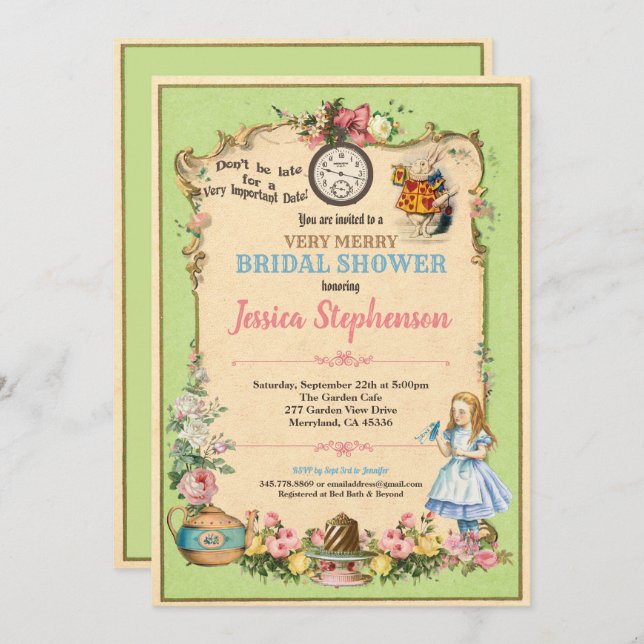 Alice in Wonderland bridal shower invitaion green Invitation (Front/Back)