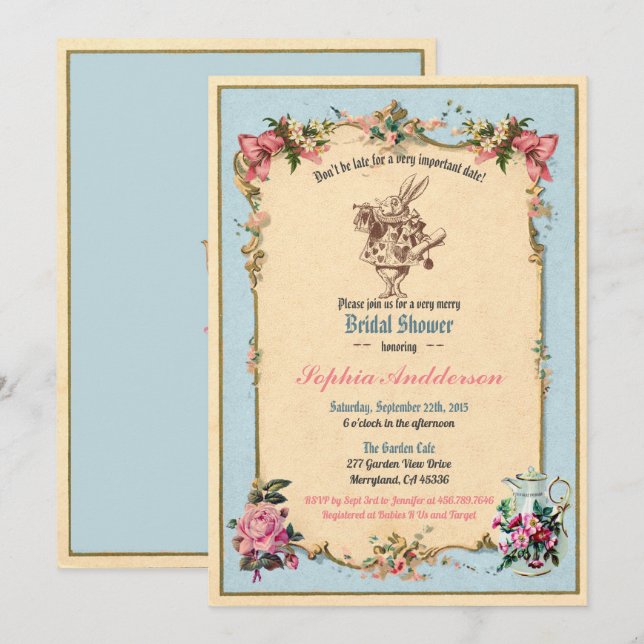 Alice in Wonderland bridal shower invitation blue (Front/Back)