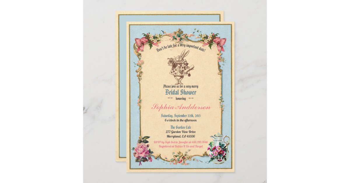 Alice in Wonderland bridal shower invitation blue