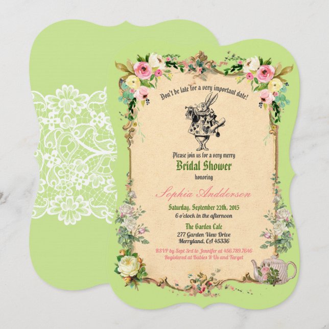 Alice in Wonderland bridal shower invitation green (Front/Back)