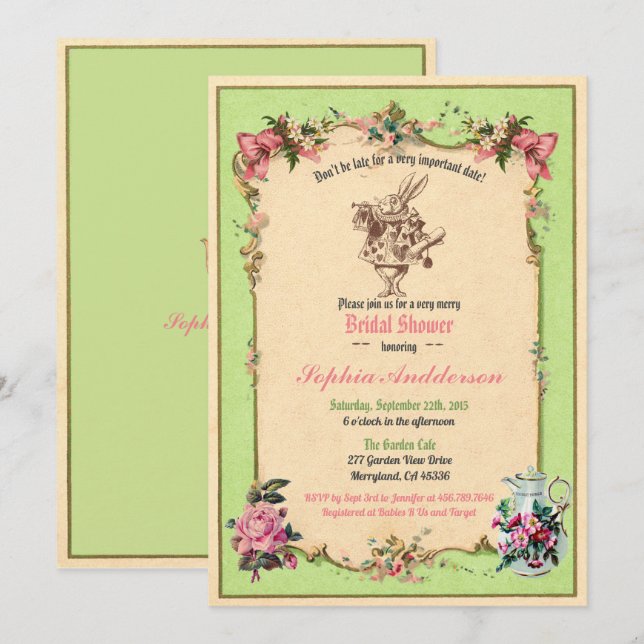 Alice in Wonderland bridal shower invitation green (Front/Back)