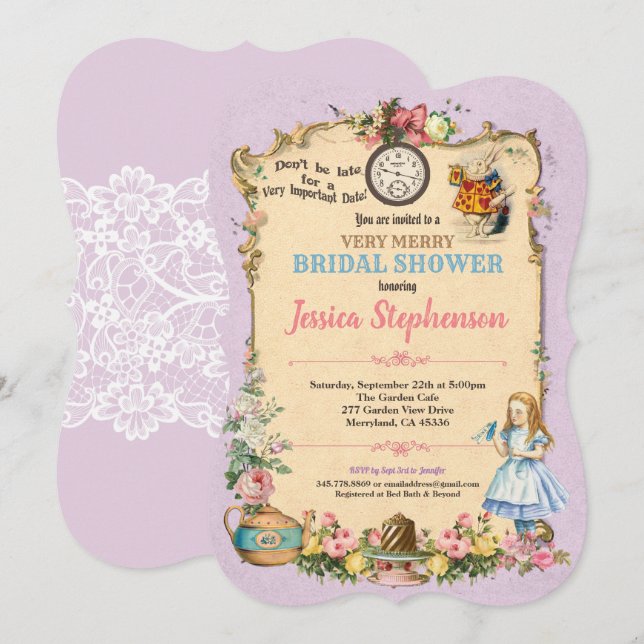 Alice in Wonderland bridal shower invitation lilac (Front/Back)