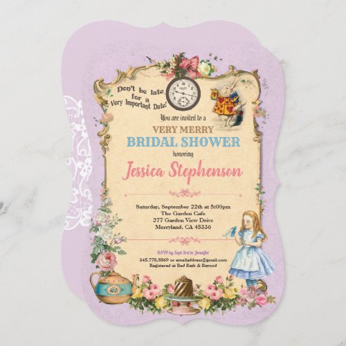 Alice in Wonderland bridal shower invitation lilac