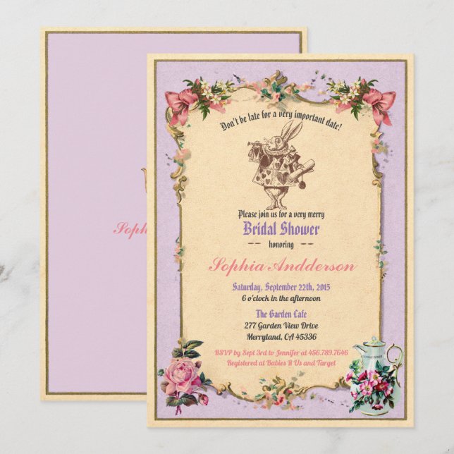 Alice in Wonderland bridal shower invitation lilac (Front/Back)