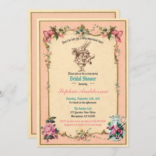 Alice in Wonderland bridal shower invitation pink (Front/Back)