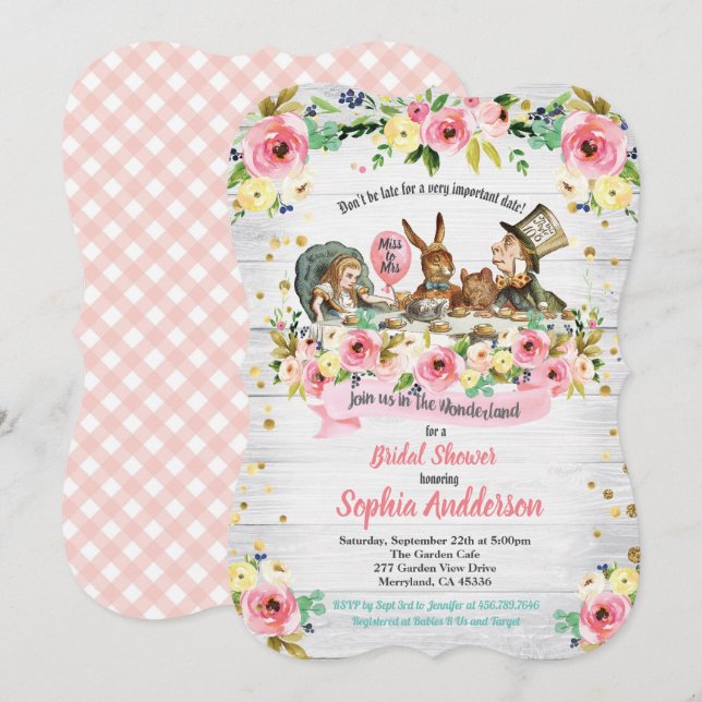 Alice in Wonderland bridal shower invitation pink (Front/Back)