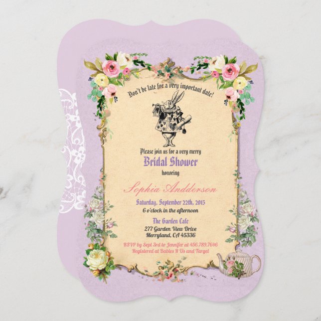 Alice in Wonderland bridal shower invitation tea (Front/Back)
