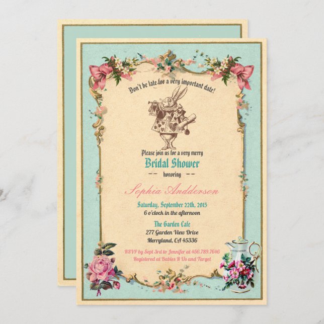 Alice in Wonderland bridal shower invitation teal (Front/Back)