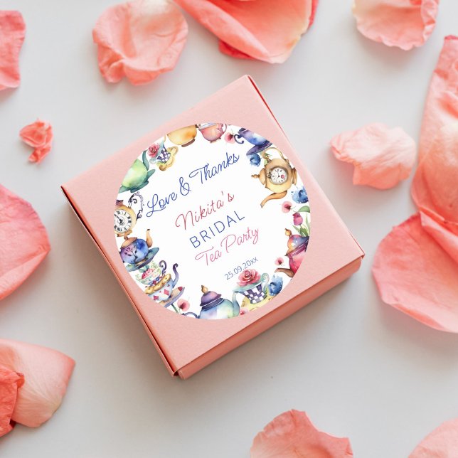 Alice in wonderland bridal shower tea party favor classic round sticker (Alice in wonderland bridal shower tea party favor gift thank you stickers whimsical watercolor)