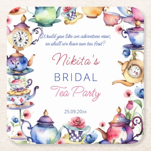 Alice in wonderland bridal shower tea party favors square paper coaster