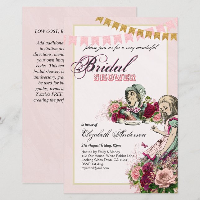 Alice in Wonderland Bridal Shower Tea Party Invite (Front/Back)
