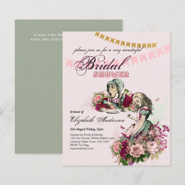 Alice in Wonderland Bridal Shower Tea Party Invite (Front/Back)
