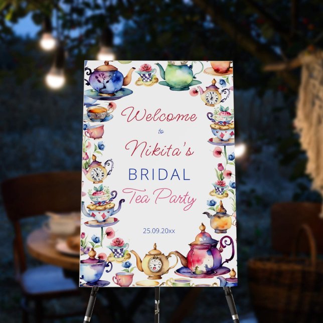 Alice in wonderland bridal shower tea welcome sign (Alice in wonderland bridal shower tea party welcome sign board tea cups and sauces modern watercolor)