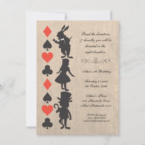 Alice in Wonderland Burlap Tea Party Birthday Custom Announcements