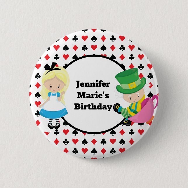 Alice in Wonderland Card Deck Custom Kids Birthday Button (Front)