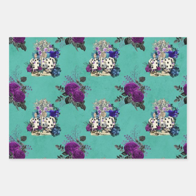 Alice in Wonderland Cards and Roses Wrapping Paper Sheets (Front)