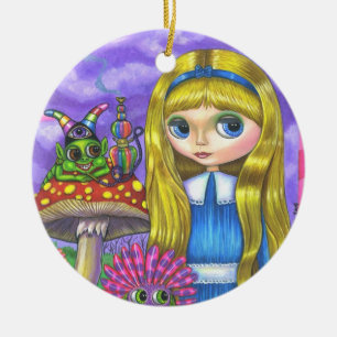 Alice in Wonderland Caterpillar Flowers Mushrooms Ceramic Ornament