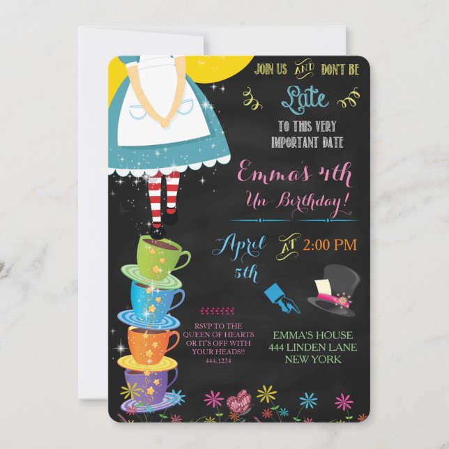 Alice in Wonderland Chalkboard Birthday Invitation (Front)