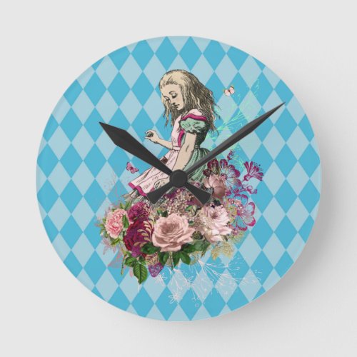 Alice in Wonderland Character on Blue Harlequin Round Clock