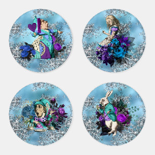 Alice in Wonderland Characters on Blue and Glitter Coaster Set