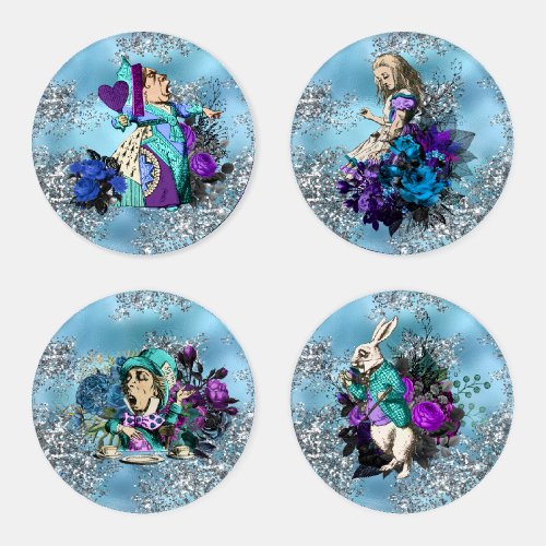 Alice in Wonderland Characters on Blue and Glitter Coaster Set