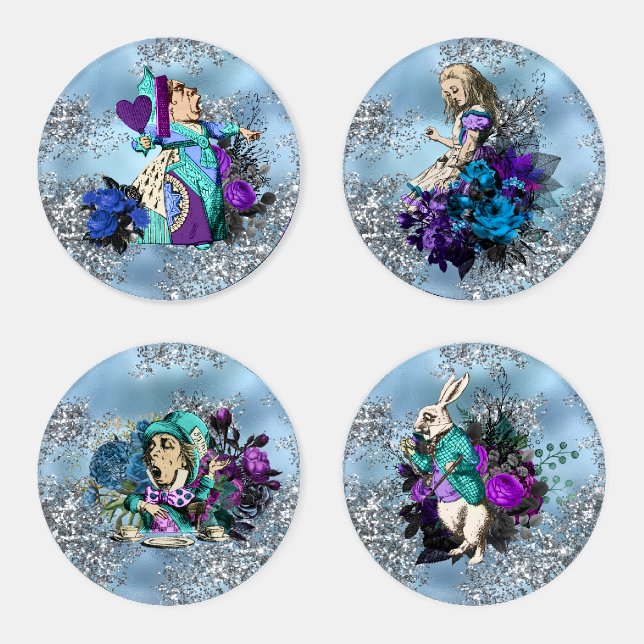 Alice in Wonderland Characters on Blue and Glitter Coaster Set (Set)