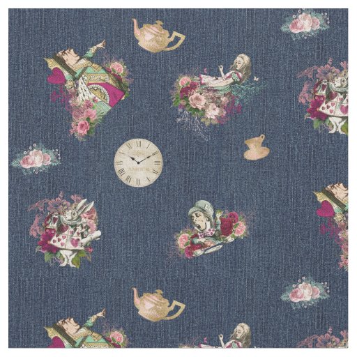 Alice in Wonderland Characters on Blue Denim Fabric