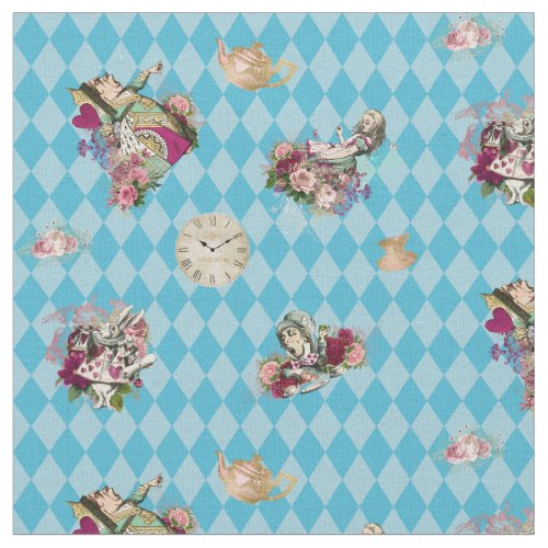 Alice in Wonderland Characters on Blue Harlequin Fabric