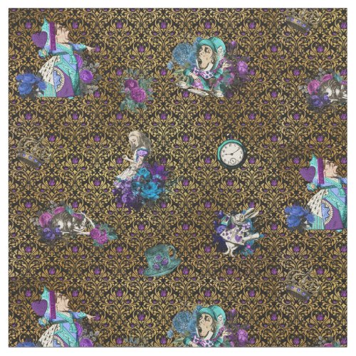 Alice in Wonderland Characters on Gold Damask Fabric