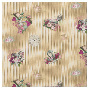 Alice in Wonderland Characters on Gold Striped Fabric