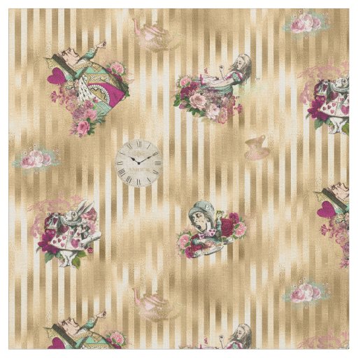 Alice in Wonderland Characters on Gold Striped Fabric