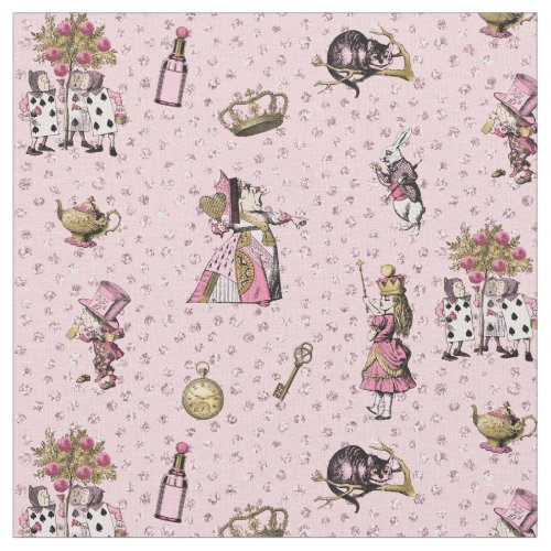 Alice in Wonderland characters on pink glitter dot Fabric