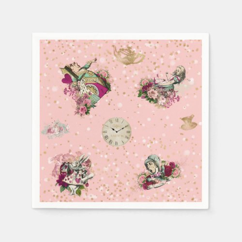 Alice in Wonderland Characters on Pink  Glitter Napkins