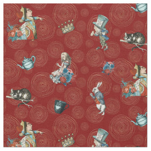 Alice in Wonderland Characters on Red Gold Spiral Fabric