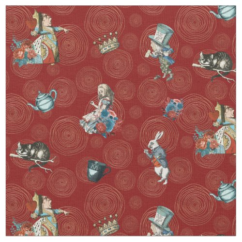 Alice in Wonderland Characters on Red Gold Spiral Fabric